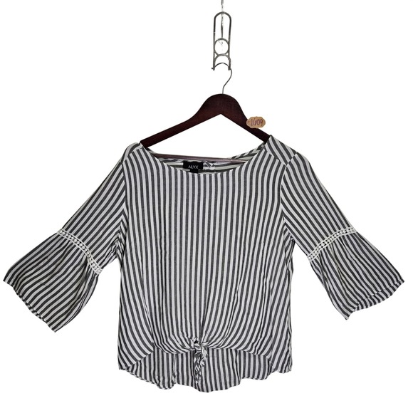 Alyx Tops - ALYX Women Black White Striped Tie Front Bell Sleeve Crochet Trim Blouse Large
